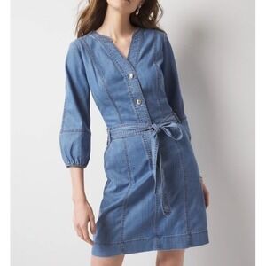 White House Black Market Denim Mini Dress Sz 18 Blue Tie Waist Button Front